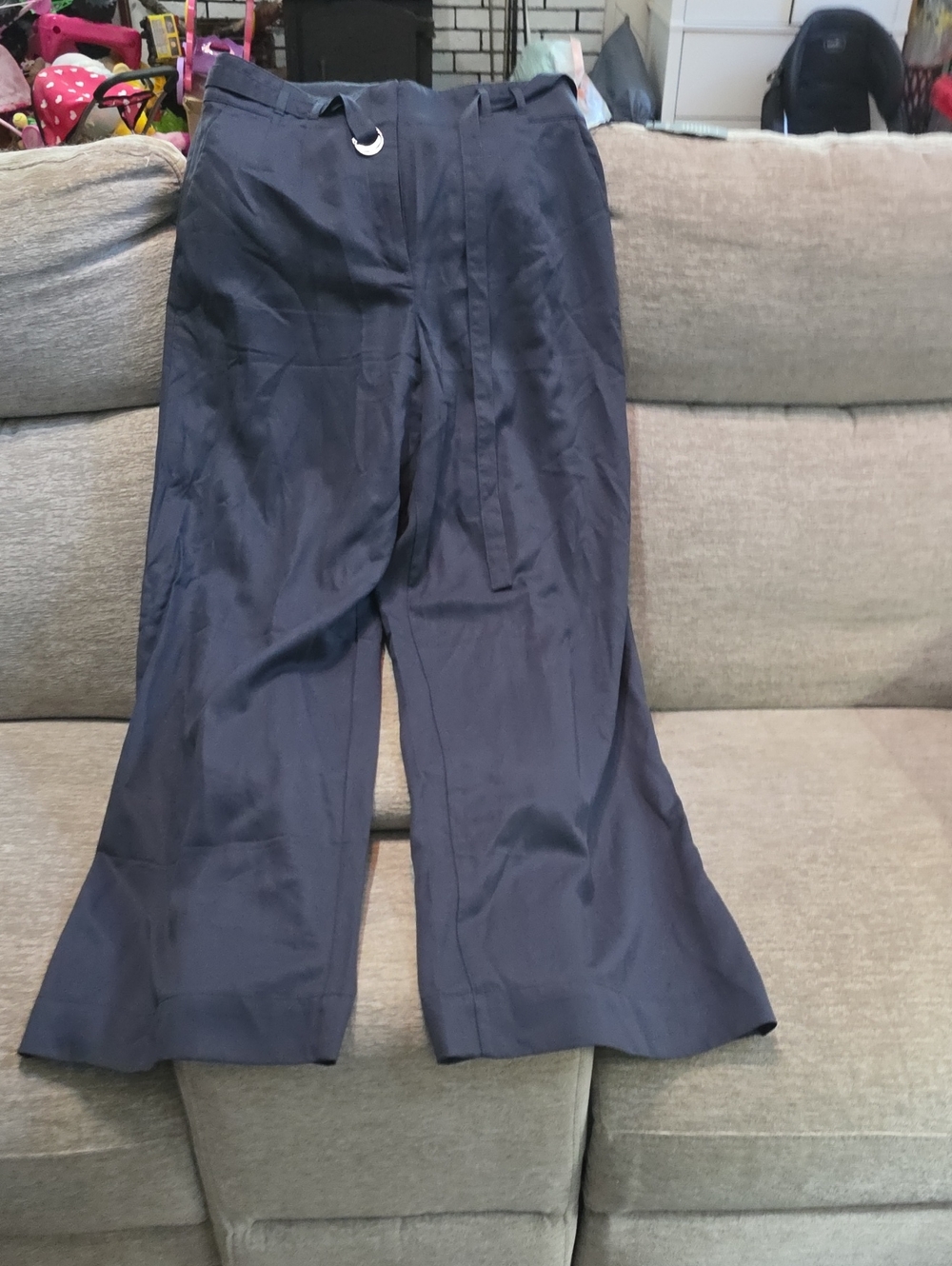 High-Rise Navy Wide-Leg Women’s Pants with Self Tie Belt